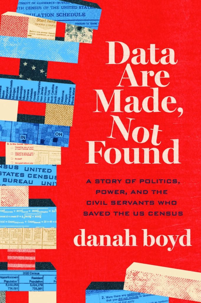 Picture of a Jenga tower made out of census documents in American colors. Plus the title of the book: Data Are Made, Not Found